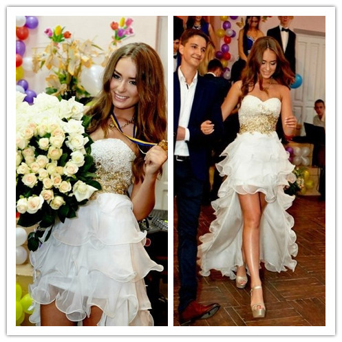 2016 Gold Beaded Hi-Lo Beach Wedding Dresses A-line Sweetheart Sequins Sash Ruched Puffy Sweep Train High Back Low Front Sexy Bridal Gowns, Ivory
2016 Gold Beaded Hi-Lo Beach Wedding Dresses A-line Sweetheart Sequins Sash Ruched Puffy Sweep Train High Back Low Front Sexy Bridal Gowns, Ivory