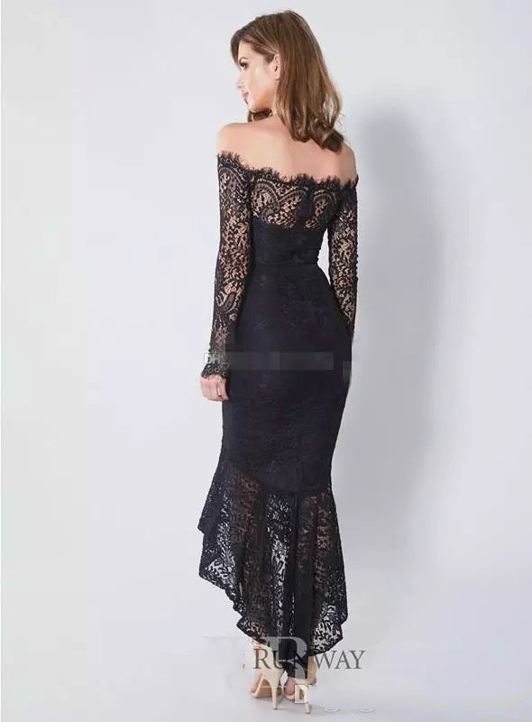 Lace Applique Arabic High Low Mermaid Evening Dresses Off Shoulder Cheap Party Formal Dress Long Sleeves Cocktail Gowns Evening Gown