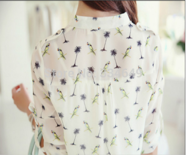 2014 New Women Print Chiffon long-sleeve bird Shirts Fashion Slim autumn Blouses Casual