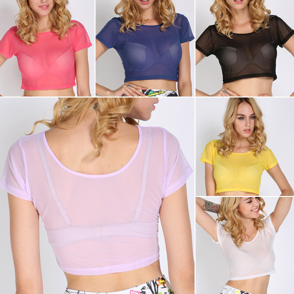 Newest Summer Sexy Sheer Mesh Crop Tops Women Party Crop T-shirt Short Sleeve Blouse