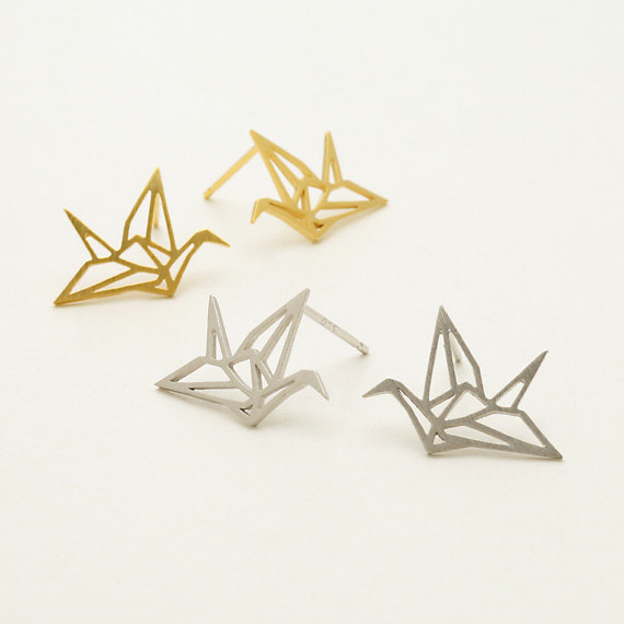 10Pair- S011 Gold Silver Origami Crane Stud Earrings Baby Paper Crane Bird Earrings Stud Little Swallow Earrings Animal jewelry