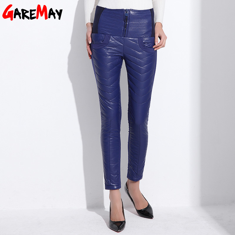 Winter Warm Leather Trousers For Women Duck Down Hight Waist Ladies Femme Pencil Stretch Pants PU Red Trouser Skinny Long Pant q171135