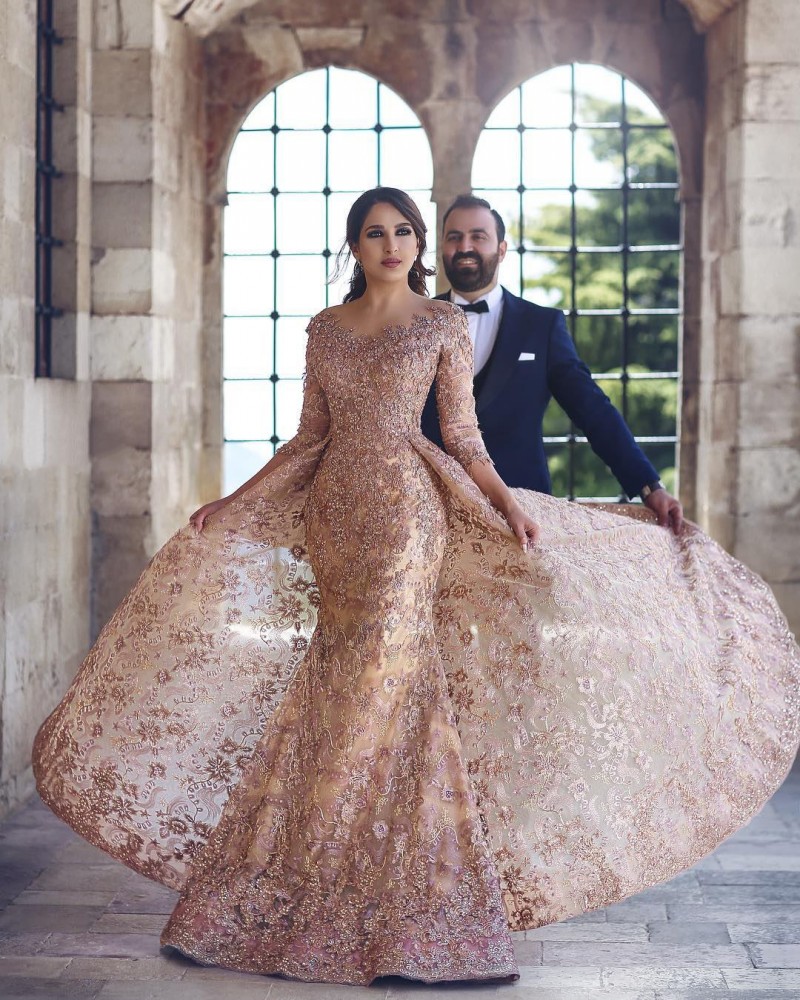 2018 Sexy 3/4 Long Sleeve Prom Dresses With Detachable Train Full Applique Beads Luxury Arab Evening Dress Long Formal Dress
