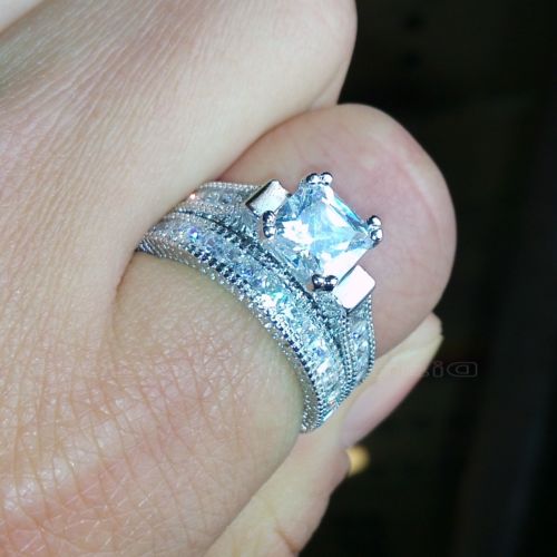 Size 5-10 Retro Princess Cut 14k white gold filled topaz simulated dias Wedding Ring set mother's day gift with box