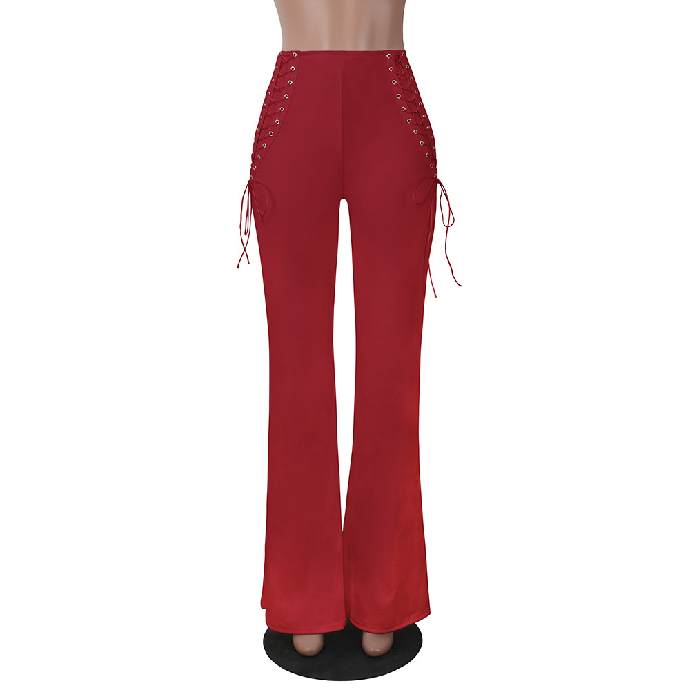 HAOYUAN Wide Leg Pants Autumn 2017 Women Palazzo High Waist Lace Up Cross Bandage OL Career Long Pants White Red Casual Trousers q1110