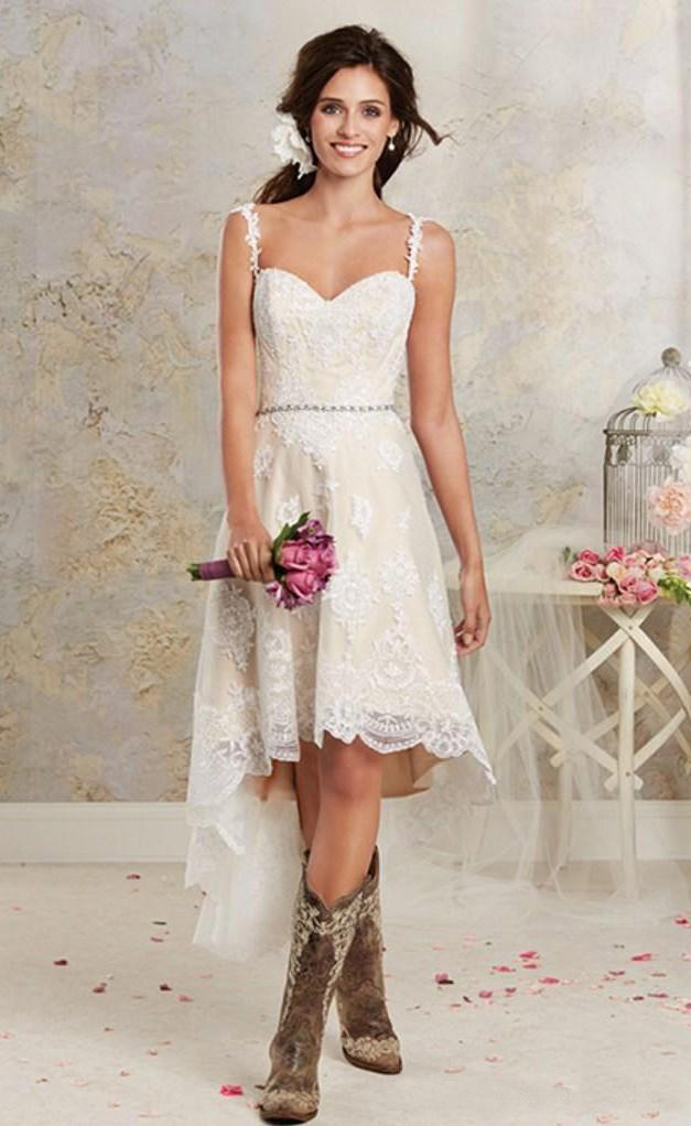 2019 Cheap Beach High Low Wedding Dresses with Detachable Train Spaghetti Straps Lace Appliqued Overskirt Bridal Gowns