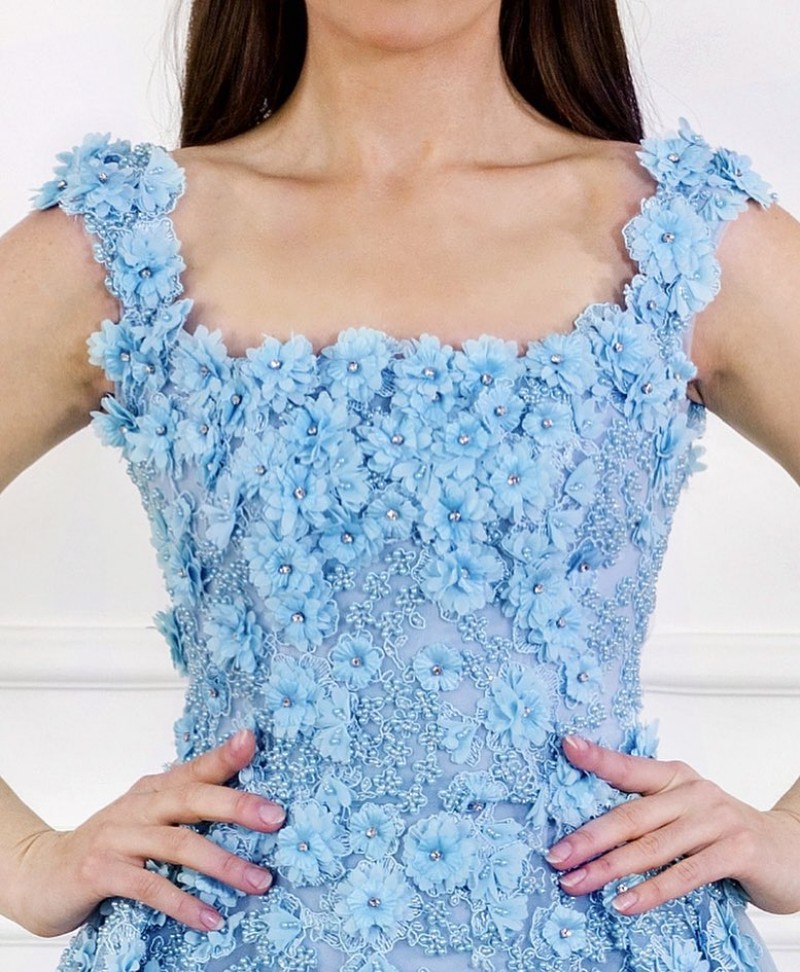 Square Neck Luxury Prom Dresses With Detachable Train Full 3D Floral Applique Beads Evening Gown Swwep Train Plus Size Formal Gown Party