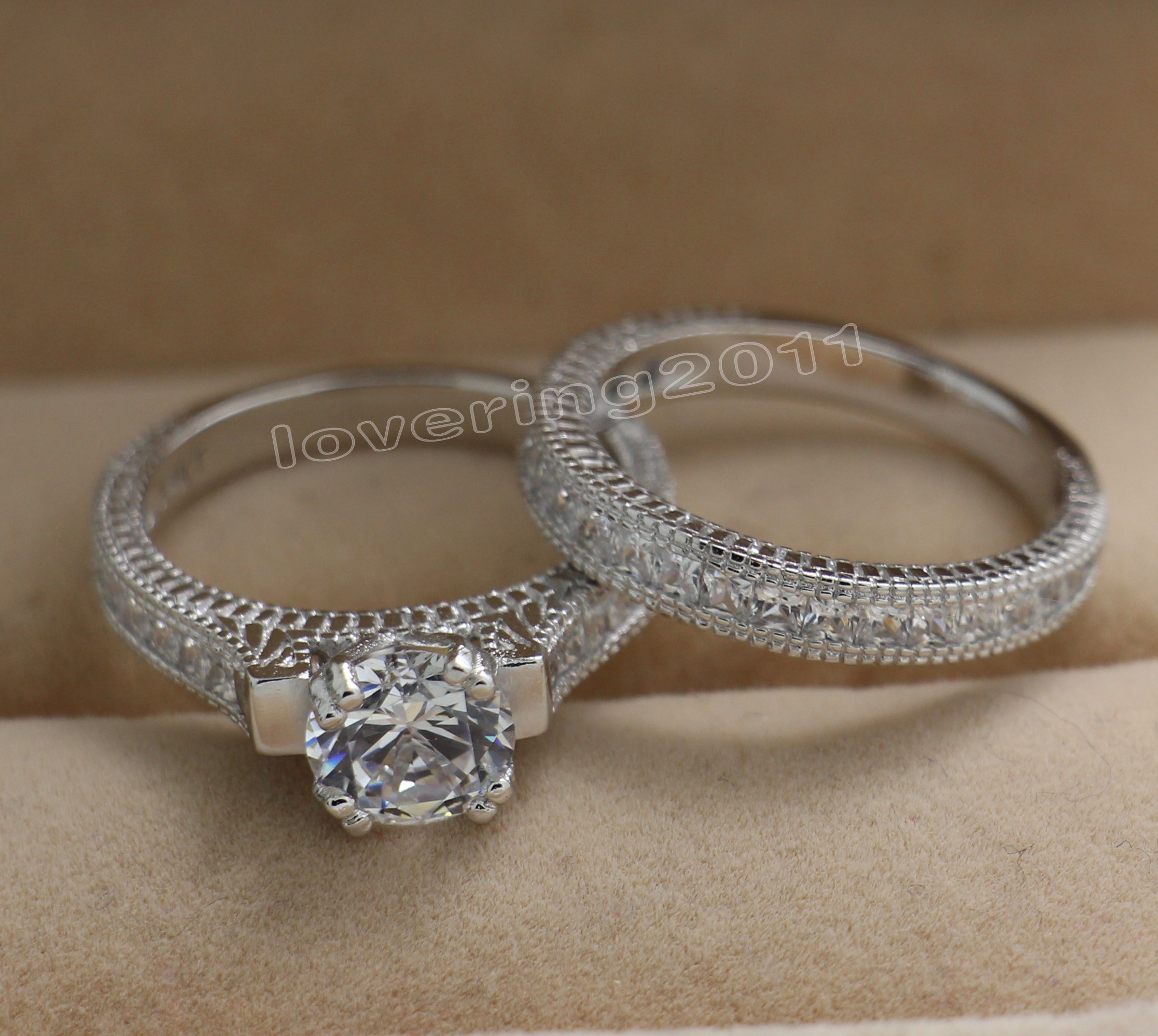 Size 5/6/7/8/9/10 Antique Fashion jewelry round Cut Topaz 14KT White Gold Filled GF Simulated Diamond CZ Women Wedding Bridal Ring Set gift