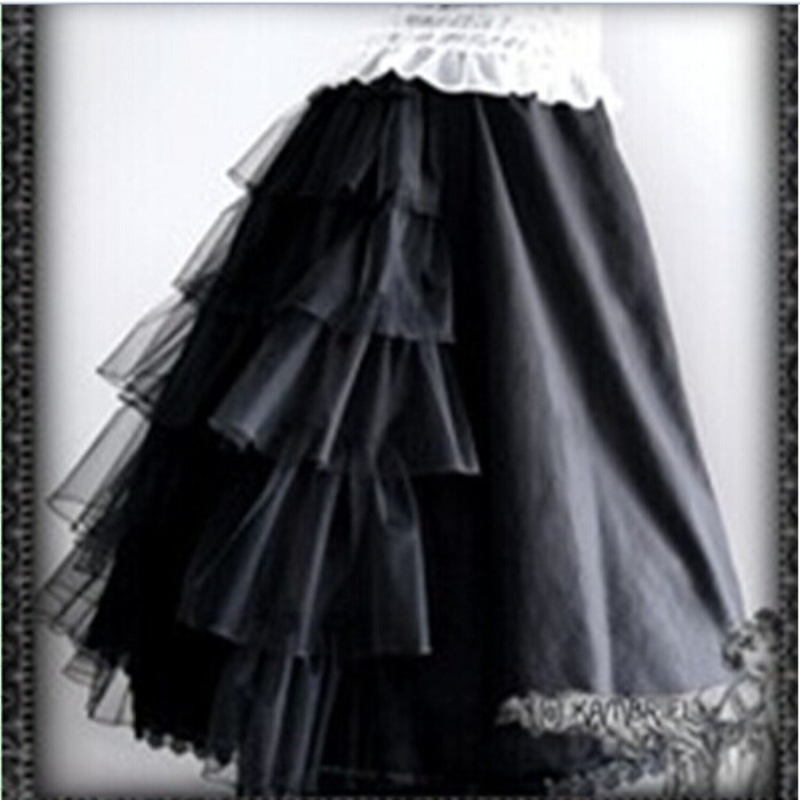 Women Gothic Lolita Multi-layers Ruffles Long Black Skirt Elastic High Waist Prom Corset Matching Skirt for Christmas Halloween Party