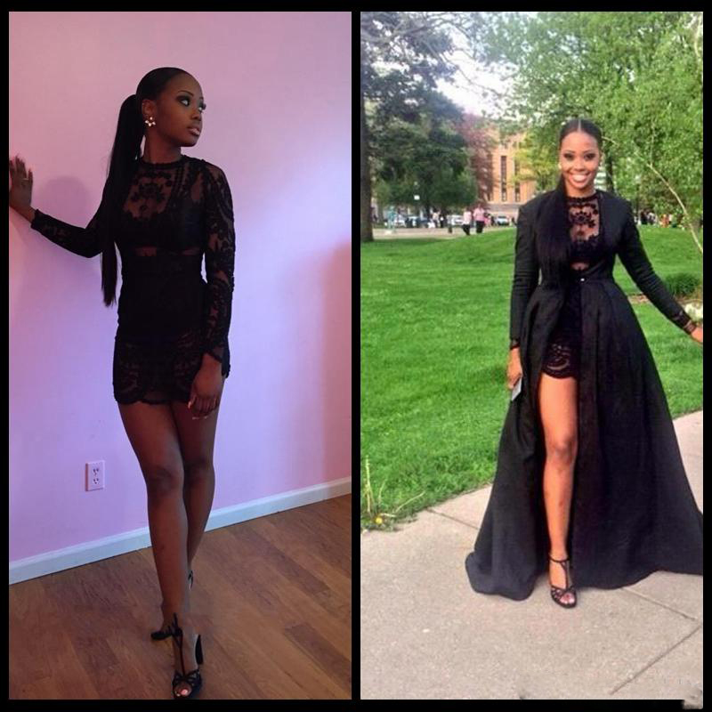 Sexy Two Piece See Through Black Lace Short Prom Dresses Long Sleeve Detachable Coat Floor Length Dresses Party Evening
