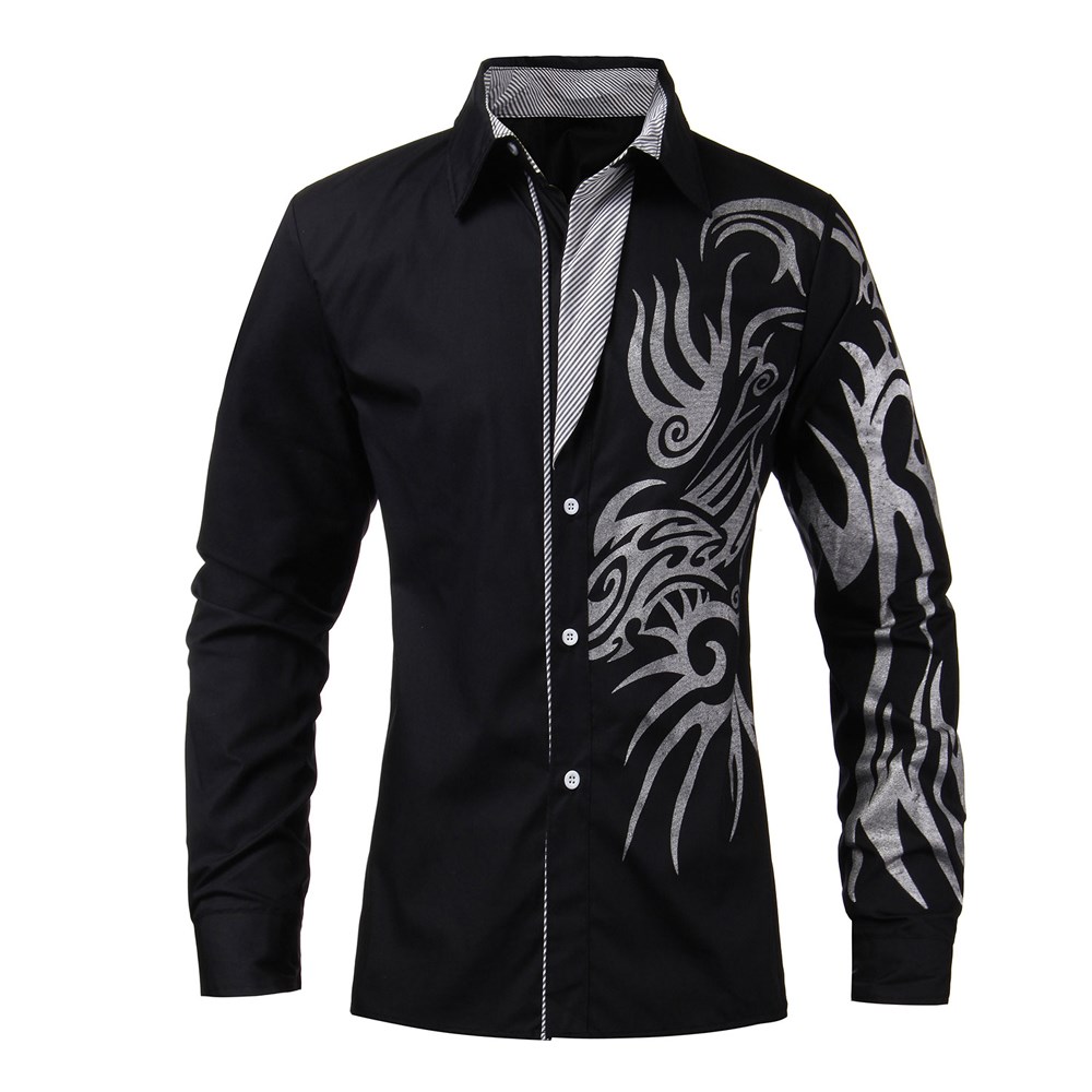 Podom 4 Color 2015 Men Autumn New Fashion Slim Long Sleeve Dress Shirts Novelty Dragon Tattoo Printed Casual Shirt Camisa S-XL FG1511
