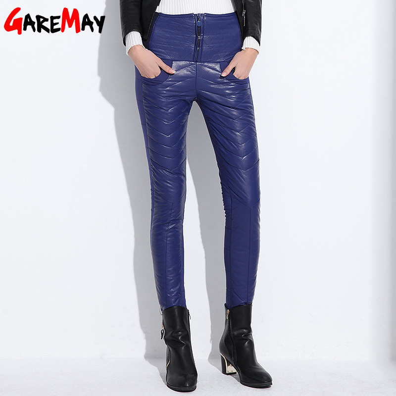 Winter Warm Leather Trousers For Women Duck Down Hight Waist Ladies Femme Pencil Stretch Pants PU Red Trouser Skinny Long Pant q171135