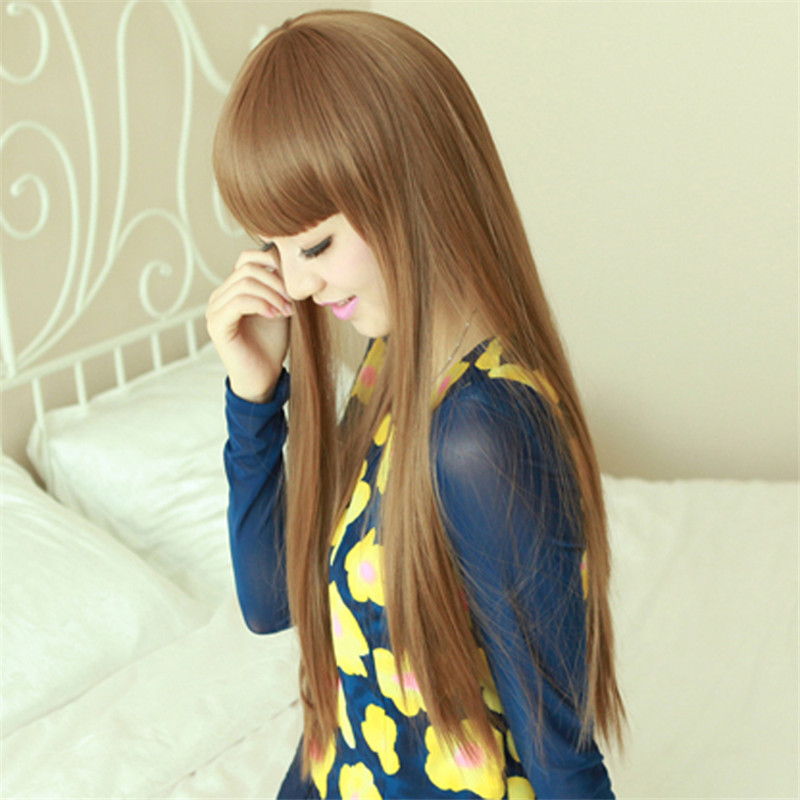 WoodFestival Natural long straight wig women cosplay black synthetic wigs with bangs brown heat resistant synthetic hair 70cm