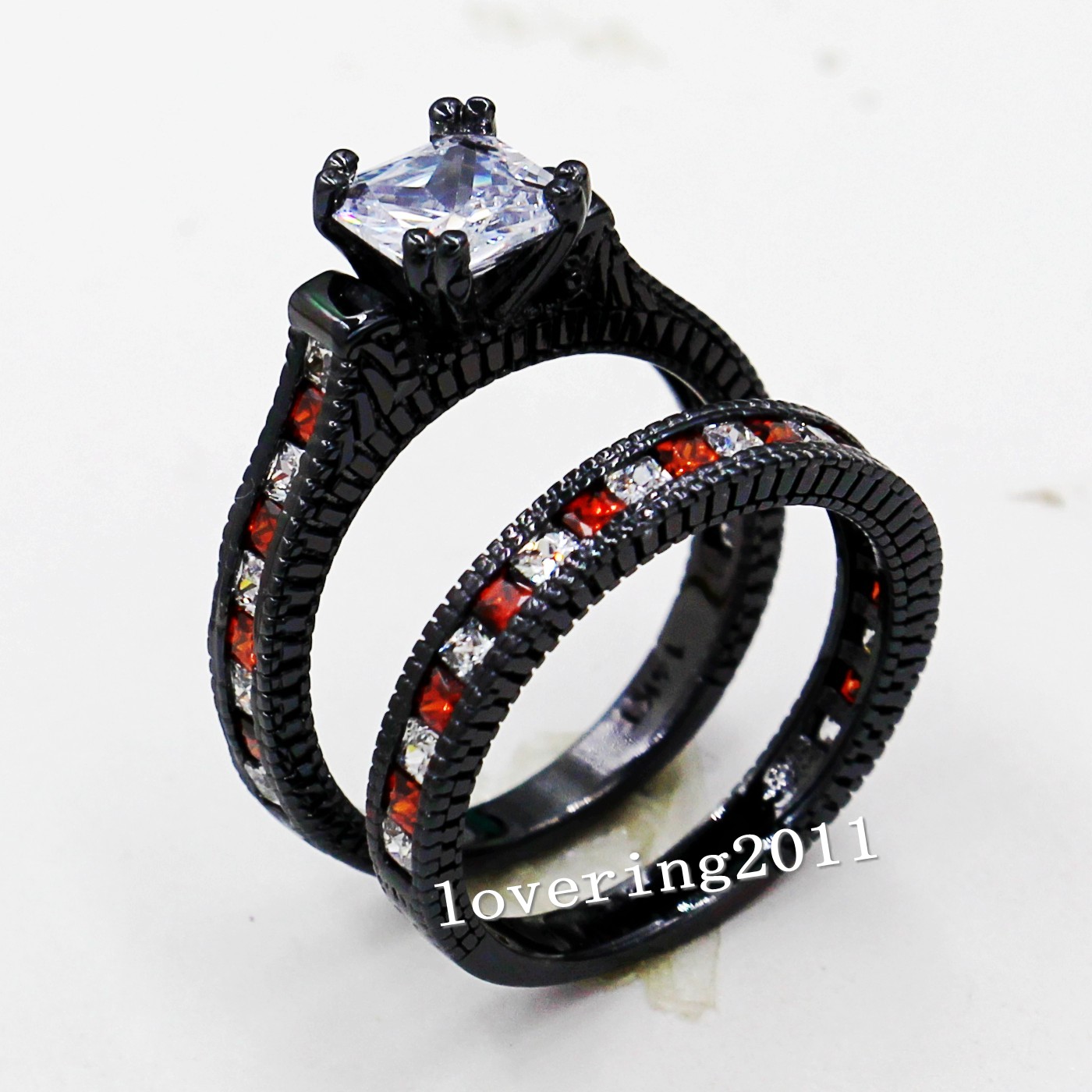 Size 5-11 Retro Fashion jewelry 14kt black gold filled Red Garnet Multi stone CZ Simulated Dia women Wedding Engagement Ring set gift