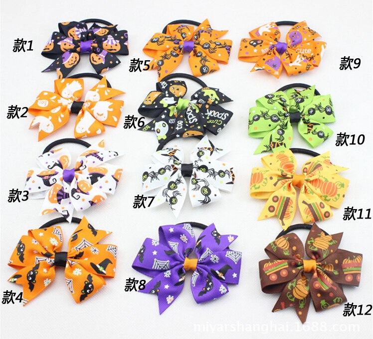 Happy Halloween hair bows clips spook Hair Tie Rope Bow Band cartoon 3" baby pumpkin chevron Hair bobbles Elastic Hair Band PJ5287