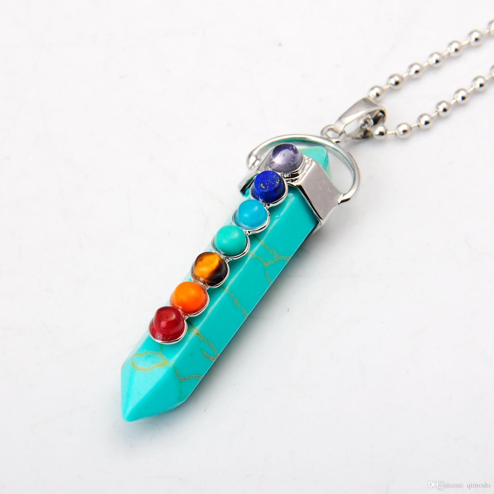 joyagift Natural Turquoise Gemstone Hexahedron Pendulum Pendants with 7 Chakra Crystal Gemstone for Women Jewelry Gift