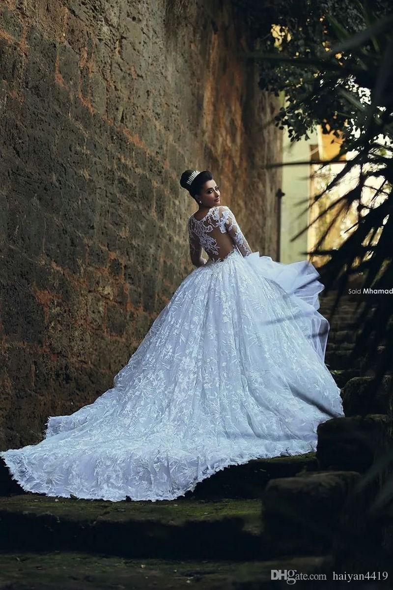 2016 Hot Arabic Lace Ball Gown Wedding Dresses Illusion Neck Long Sleeves Chapel Train Said Mhamad Bridal Gowns Plus Size