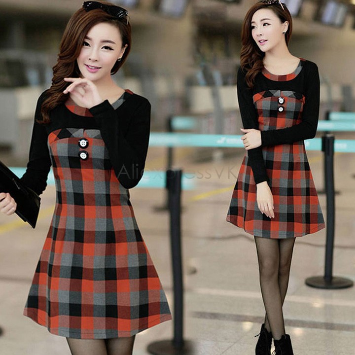 Hot Selling Women's Elegant dress Vintage Korean Plaid Winter Casual Dress Long Sleeve Winter Bottoming Dress b9 CB031661