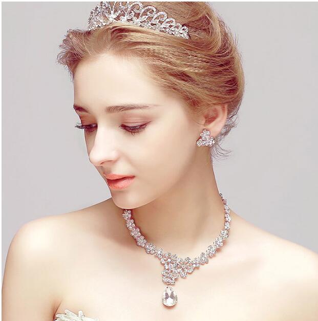 Necklace and Earring Crystal Bridal Jewelry silver plated necklace diamond earrings Wedding jewellery sets for bride Bridesmaids women HT63