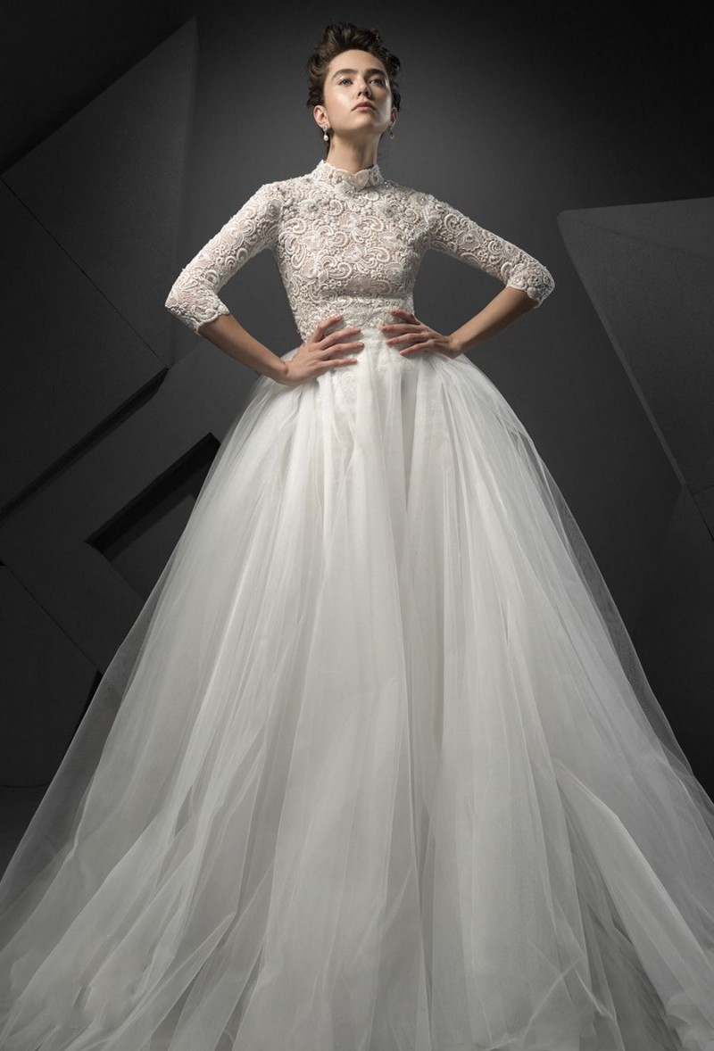 Ersa Atelier High Neck 3/4 Long Sleeve Wedding Dresses Lace Applique Modest Vintage Wedding Gown Sweep Train Plus Size Bridal Dress