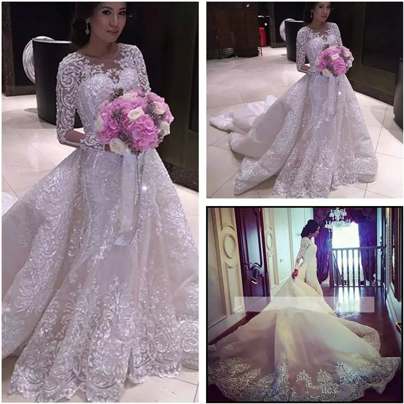 Bling Luxury Long Sleeve Wedding Dresses Full Applique Beads Sequins Long Train Jewel Neck Plus Size Wedding Dress Arabic Bridal Gown