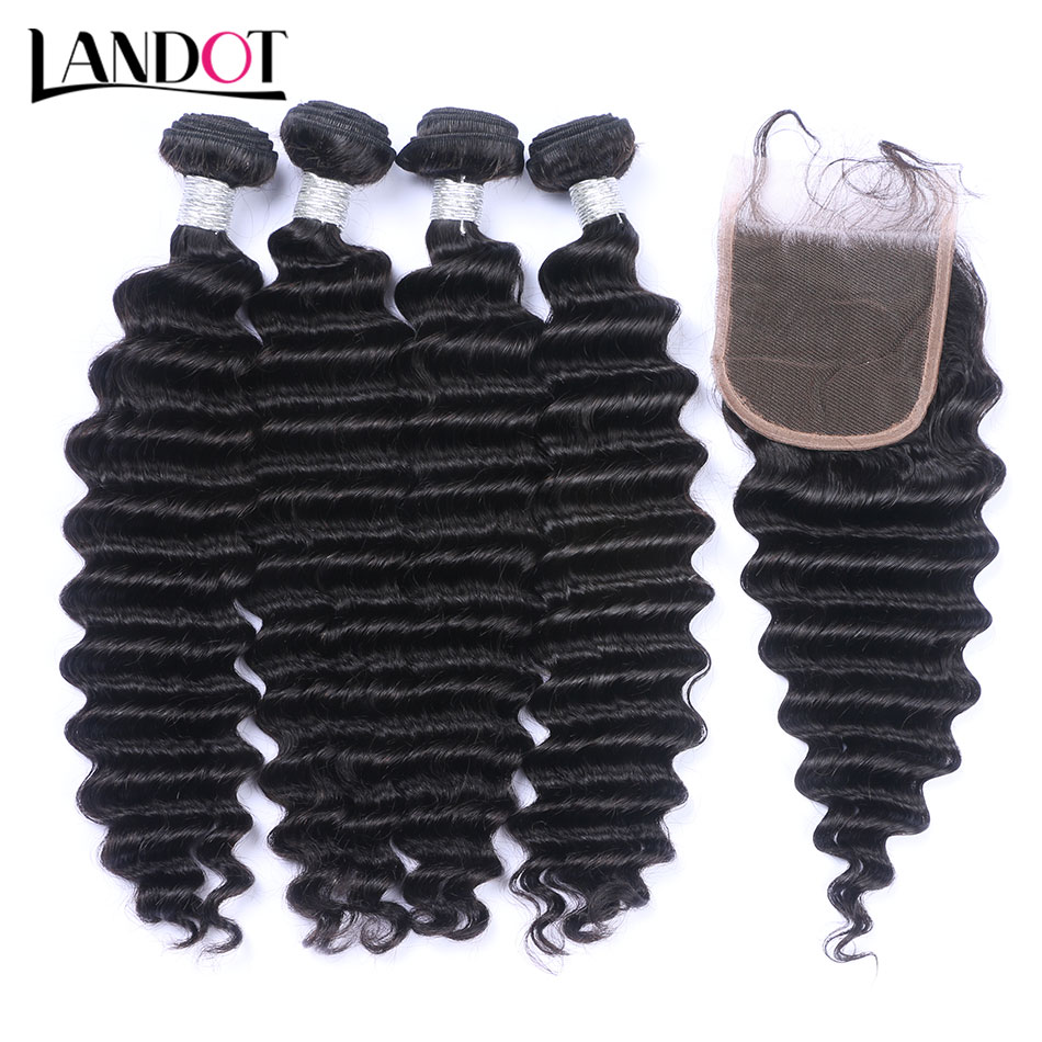 Brazilian Deep Wave Virgin Hair 4 Bundles with Lace Closures Peruvian Malaysian Indian Cambodian Deep Curly Human Hair Weaves Natural Black
