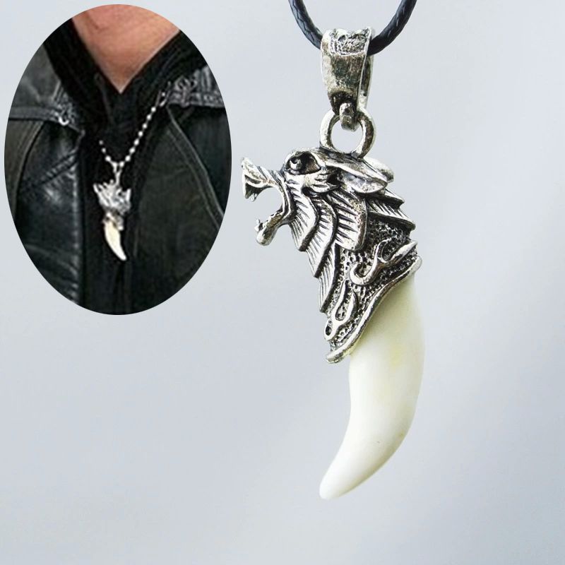 Men Antique Silver Tribal Stark Wolf Fang Tooth Pendant Necklace, Vintage Wolf Tooth Dragon Alloy Pendant Necklace ZMPJ180#C4