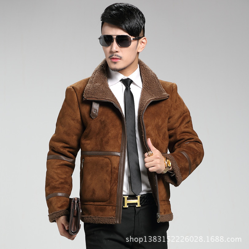 Fall-Winter New Thicker Fur Leather Men Large Size Jacket American Motorcycle Jacket Suede Fur Collar Short Lamb Fur Jacket Men