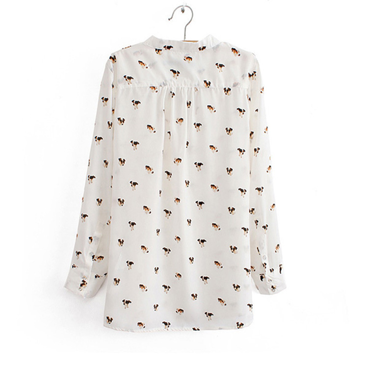 Spring 2014New Fashion Dogs Chiffon Shirt/ Collarless Loose Cusual Animal Printed Long Sleeve Chiffon Blouse For Women,White