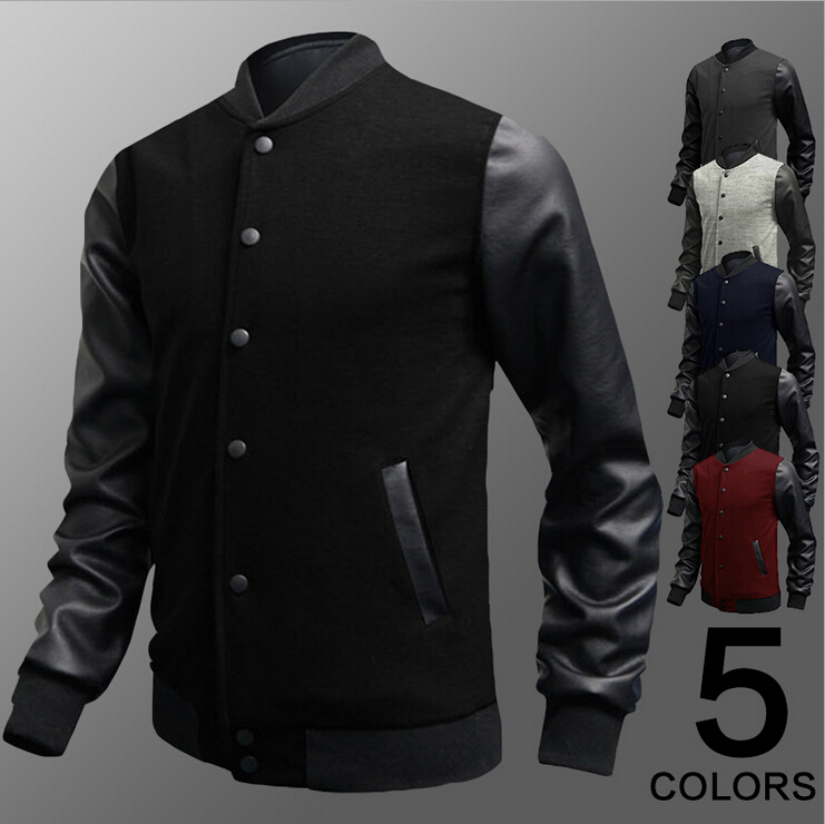 Fall-Free shipping 2015 Sweater PU Leather Collar Sweater Personalized Baseball Stitching Clothes Man Jacket