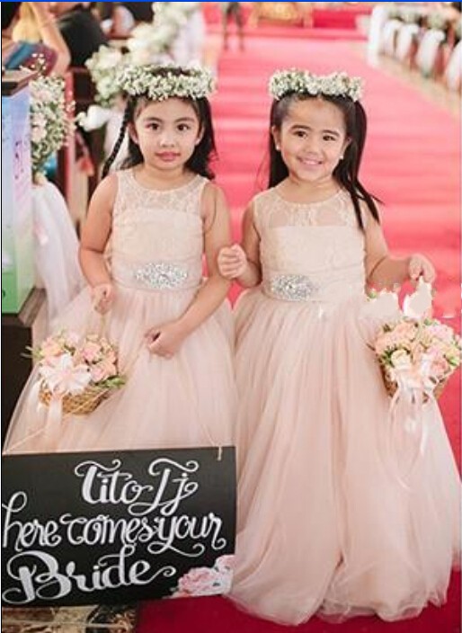 2015 Cute Blush Pink Flower Girl Dresses for Weddings Long Tulle Crystals Sash Jewel Floor Length Girls Pageant Dress Kids Birthday Dresses