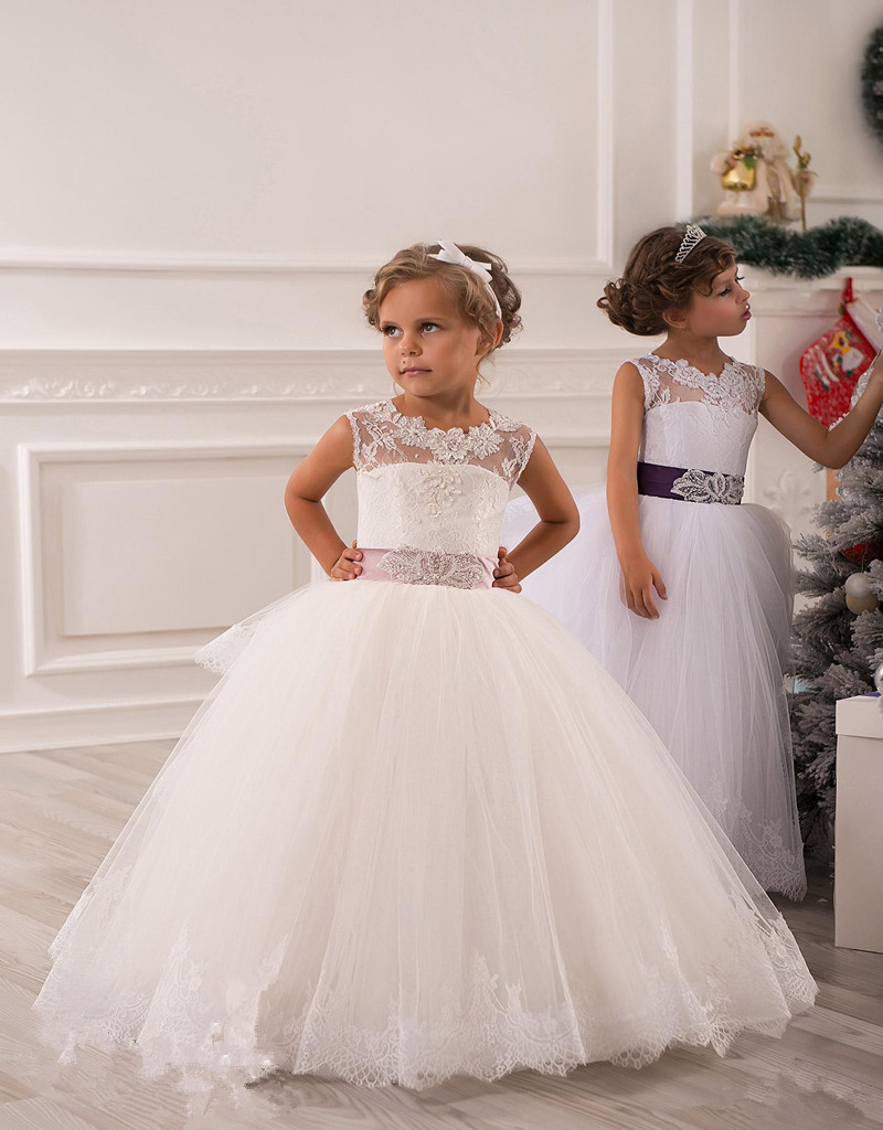 Sash Tulle Ball Gown Ivory Baby Girl Birthday Party Christmas Dresses Children Girl Party Dresses Flower Girl Dresses