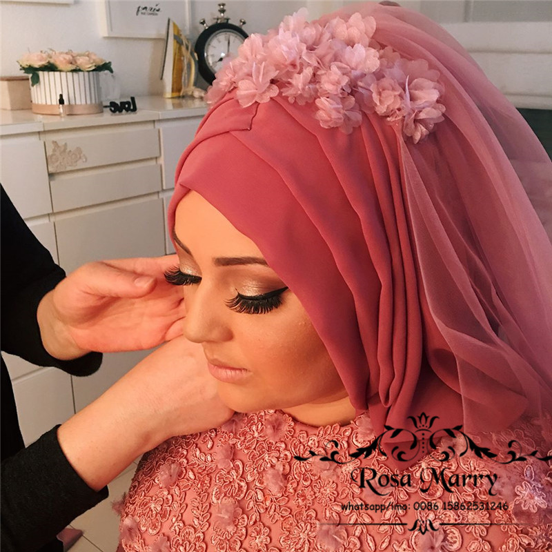 Pink Muslim Hijab Ball Gown Wedding Dresses 2020 High Neck 3D Floral Long Sleeves Vintage Lace Plus Size Islamic Kaftan Abayas Bridal Gowns