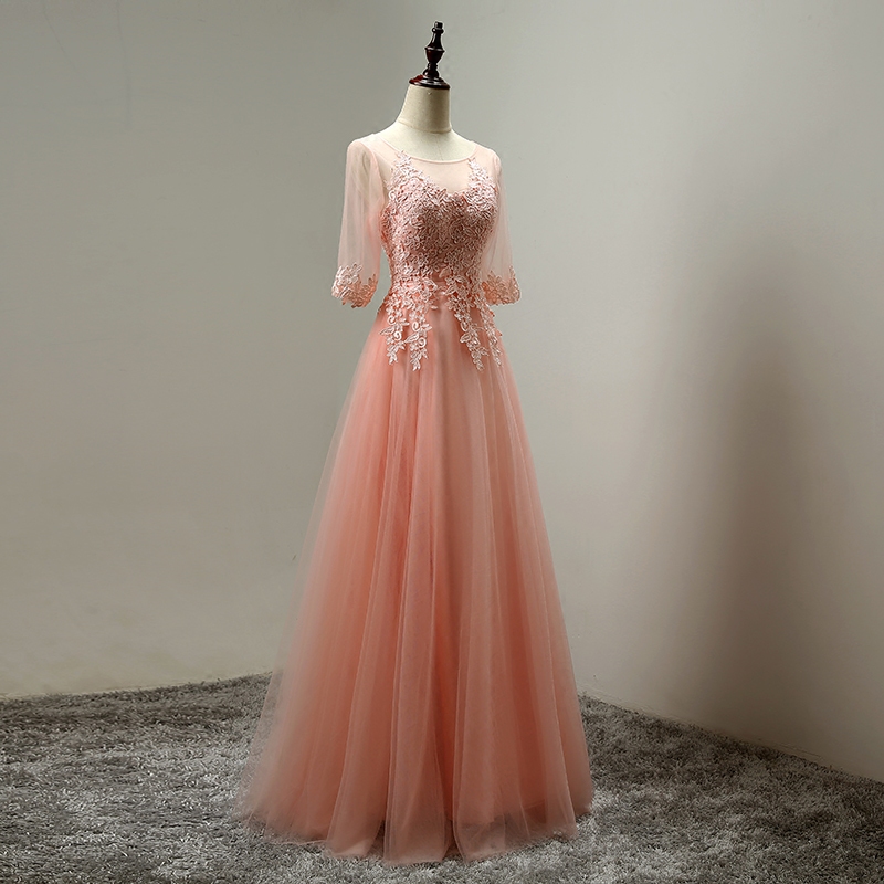 Light Gray Bridesmaid Dresses Long Wedding Guest dress Party gowns Sheer with Applique Pleats Tulle Formal Dress Plus Size Cheap