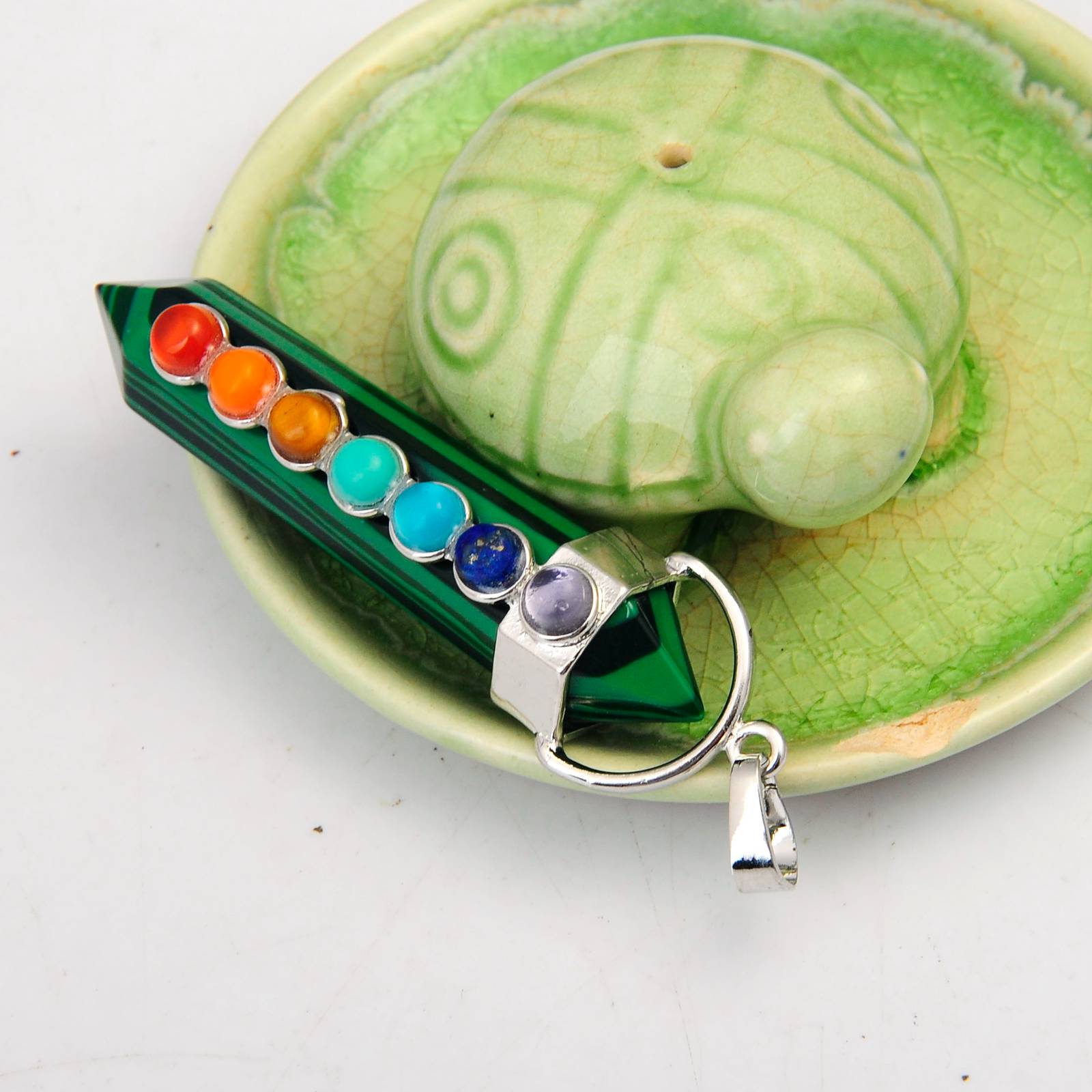 Wholesale Malachite Hexahedron Reiki Point Pendants with 7 Chakra Crystal Gemstone for Women men jewelry necklace