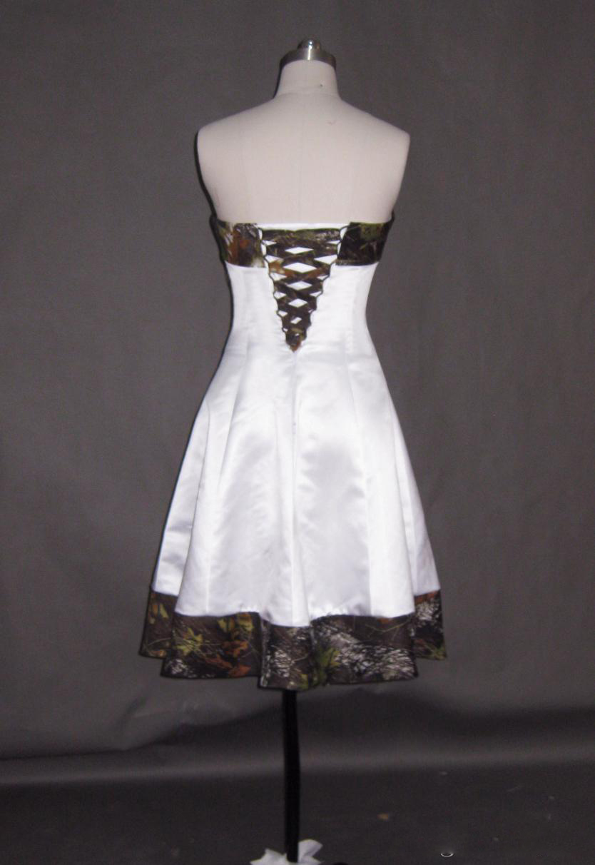 Short Camo Wedding Dresses 2016 Strapless Knee Length Cheap Bridal Gowns A Line White Satin