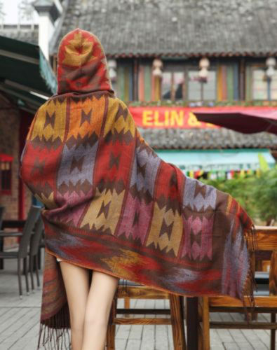 New FashionWomen Bohemian Collar Plaid Cape Cloak Poncho Jacket Coat Wool Blend Shawl Scarf