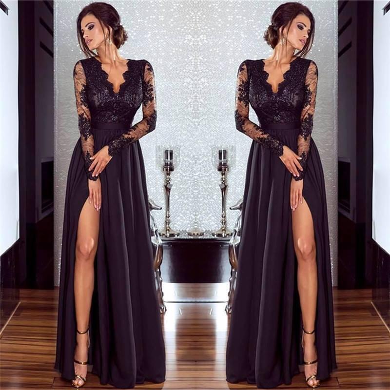 2018 New Sexy Black Lace Formal Evening Dresses Illusion Long Sleeves Side Split Prom Dresses Women Party Gowns Floor Length, Gray
2018 New Sexy Black Lace Formal Evening Dresses Illusion Long Sleeves Side Split Prom Dresses Women Party Gowns Floor Length, Gray