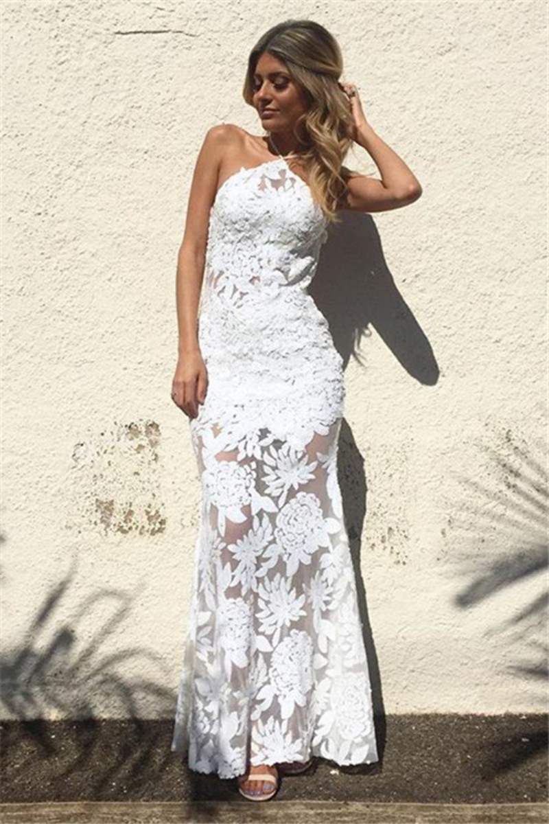 Sexy Sheath Mermaid Evening Gowns Halter Full White Lace Applique Backless Prom Dress Elegant Lady Custom Made Formal Dresses