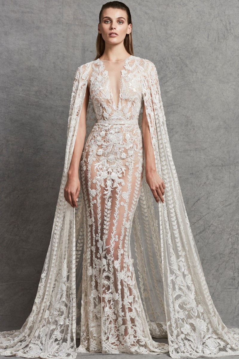 Zuhair Murad Illusion Sexy Wedding Dresses With Shawl Applique Beads Sheer Jewel Neck Bohemian Wedding Dress Elegant Country Bridal Gowns