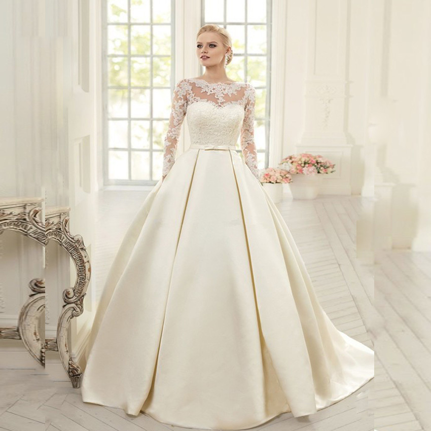 2020 Elegant Simple Long Sleeve Wedding Dresses with Lace High Neck Backless Bridal Gowns Vestido De Noiva Princesa
