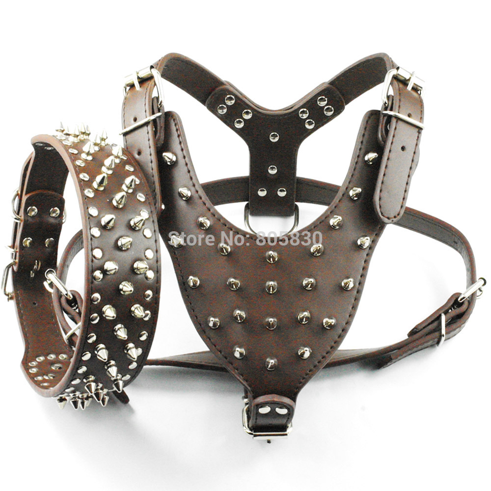 Wholesale-Brown Large Spiked&Studded Leather Dog Harness&Collar SET for Pit Bull Mastiff