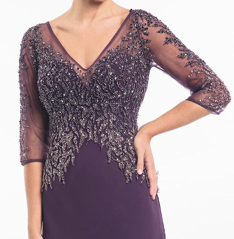 Sparkling Plum Mother of the Bride Dresses Illusion Sheer with Beading Sequins 3/4 Long Sleeves Pleats Chiffon Sweep Train Evening Gowns
