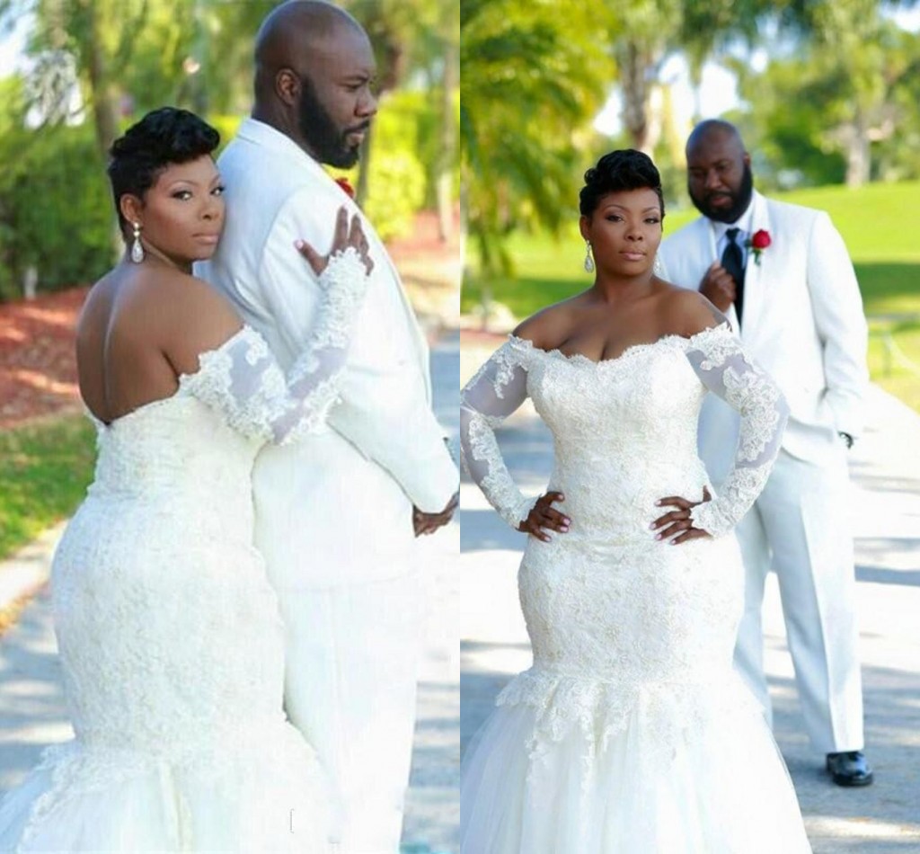 Long Sleeve Plus Size Mermaid Wedding Dresses 2016 With Sexy off Shoulder Applique Lace Sweep Train Bridal Gowns Vestidos de Novia, Ivory
Long Sleeve Plus Size Mermaid Wedding Dresses 2016 With Sexy off Shoulder Applique Lace Sweep Train Bridal Gowns Vestidos de Novia, Ivory