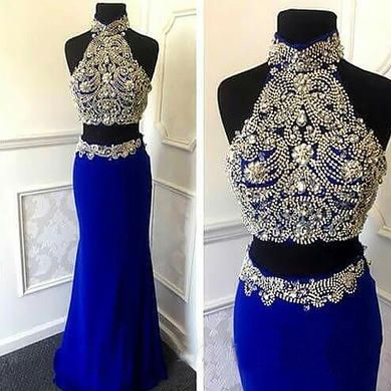Luxury Two Pieces Dresses Royal Blue Prom Gown Mermaid Beaded High Neck Halter Crystals Floor Length Long Formal Wear, Water melon
Luxury Two Pieces Dresses Royal Blue Prom Gown Mermaid Beaded High Neck Halter Crystals Floor Length Long Formal Wear, Water melon