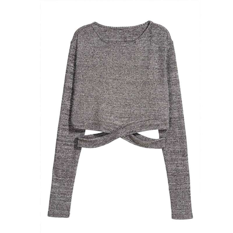 HDY Haoduoyi Fashion Solid Grey Sexy Women Sweaters Cross Straps Waist Hollow Out Female Basic Chic Pullovers Lady Casual Tops q1109