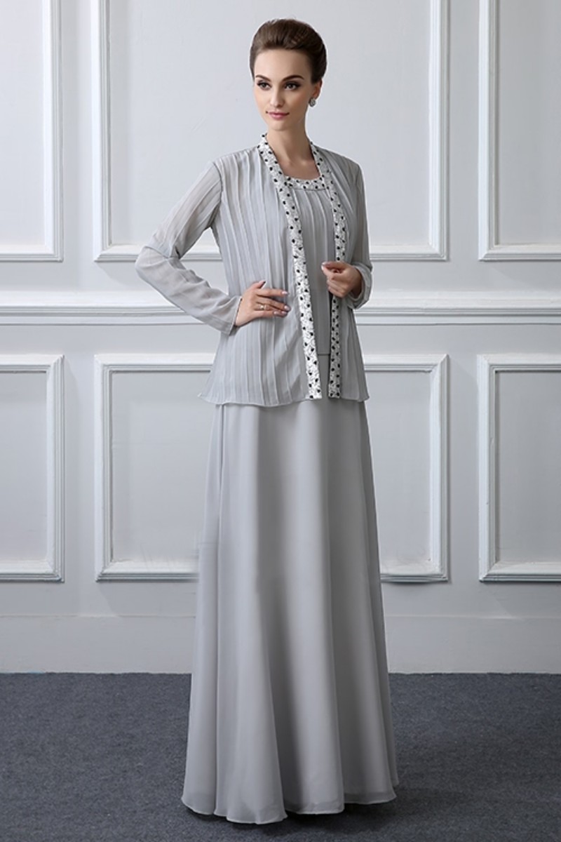 Light Grey Three Pieces Mother Of The Bride Dresses With Long Sleeve Jacket Beads Plus Size Mother's Dress Formal Occasion Gown