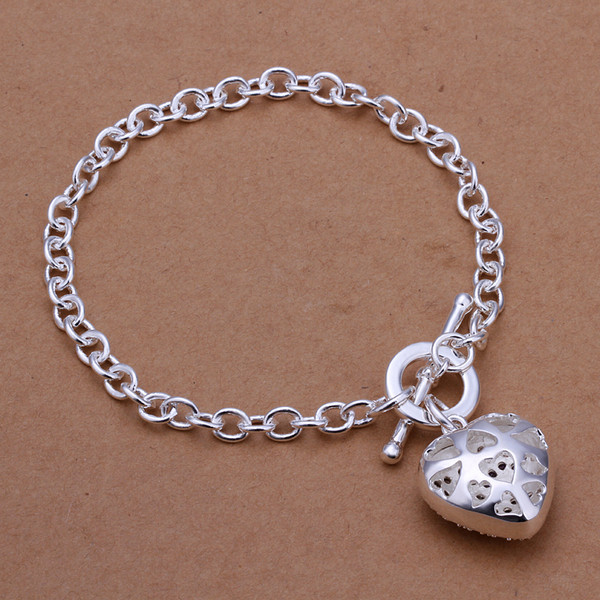 Hot sale gift 925 silver Insets hanging peach Heart Bracelet DFMCH307, fashion 925 sterling silver Chain link gemstone bracelets high grade