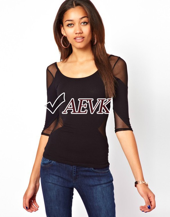 Hot sale 2014 Black Mesh Gauze T Shirt Long Sleeve Sexy Ladies Tops Black T Shirt Clubwear Plus Size Tops M-XL Black B22