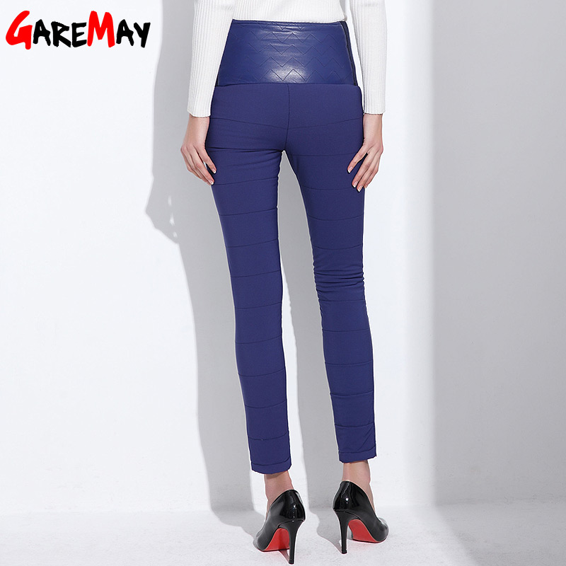 Winter Warm Leather Trousers For Women Duck Down Hight Waist Ladies Femme Pencil Stretch Pants PU Red Trouser Skinny Long Pant q171135